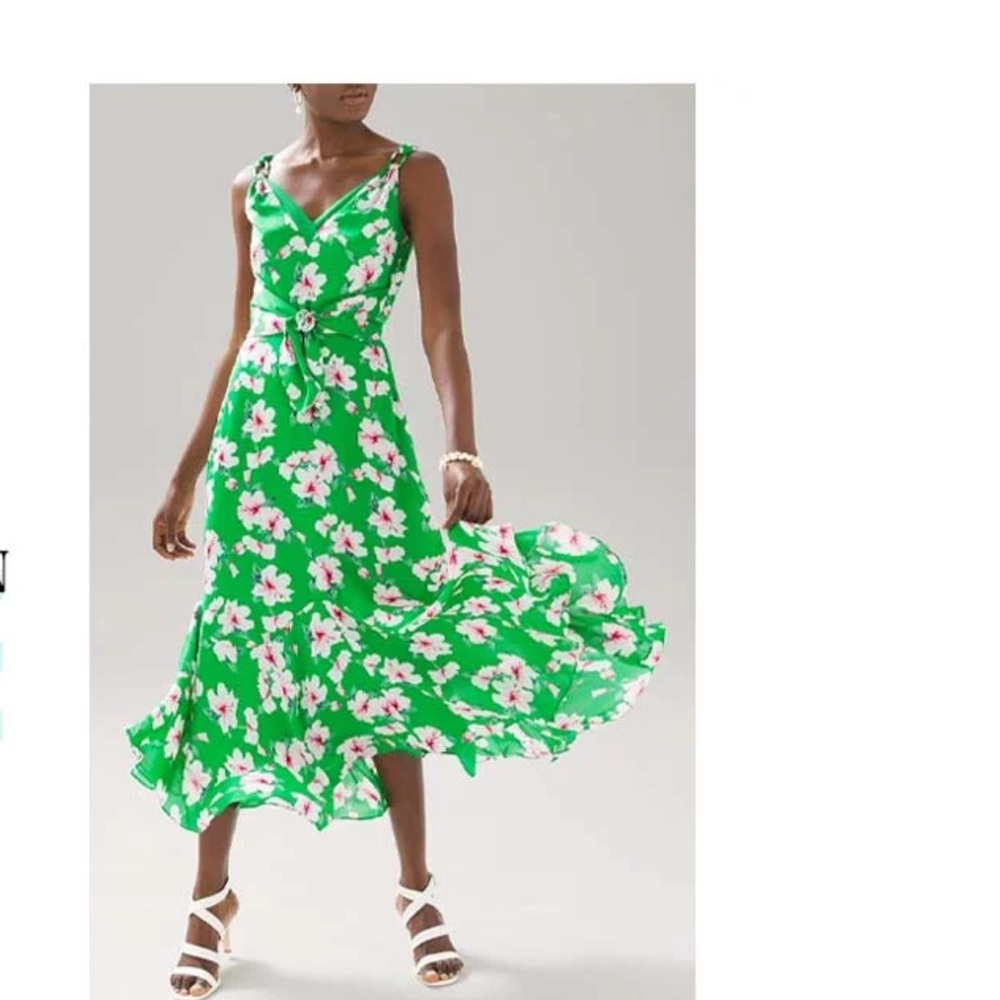 WHBM Green satin Maxi Sundress with Sleeveless Design and V-Neck
